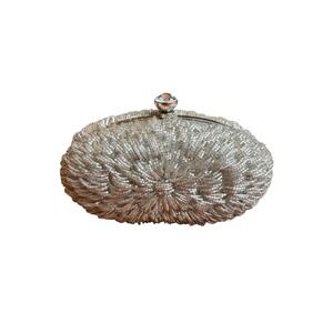 Silver Beaded Clutch Evening Bag with Crystal Clasp and Shoulder Chain Glam
